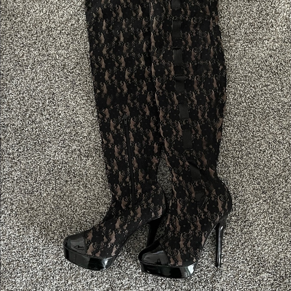 Black lace Colin Stuart thigh high boots